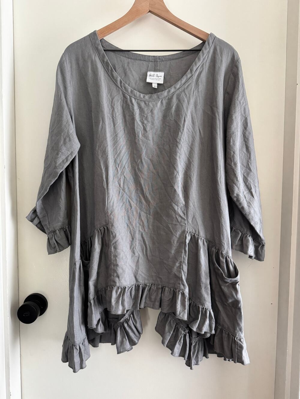 HEART'S DESIRE gray linen RUFFLES Tea dress/tunic - size M